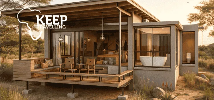 Modern safari lodge with open deck, warm sunset lighting, and surrounding bushland